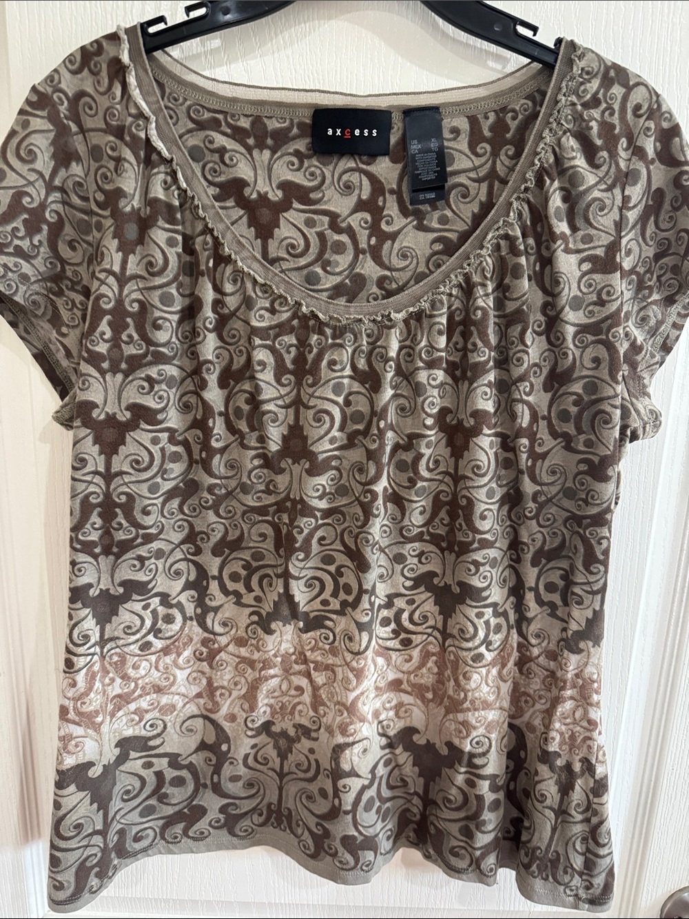 Axcess Brown & Cream Ornate Scoop-Neck Short Sleeve Top